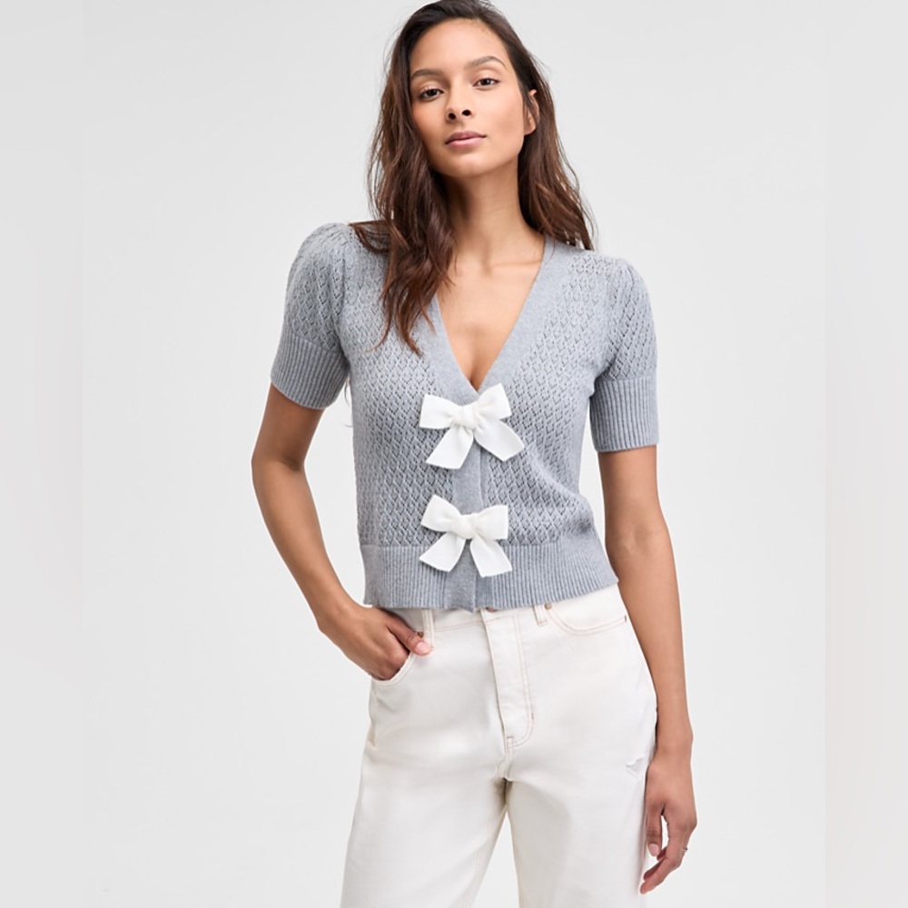 And Now This Women's Bow-Front Pointelle Cardigan in Light Grey